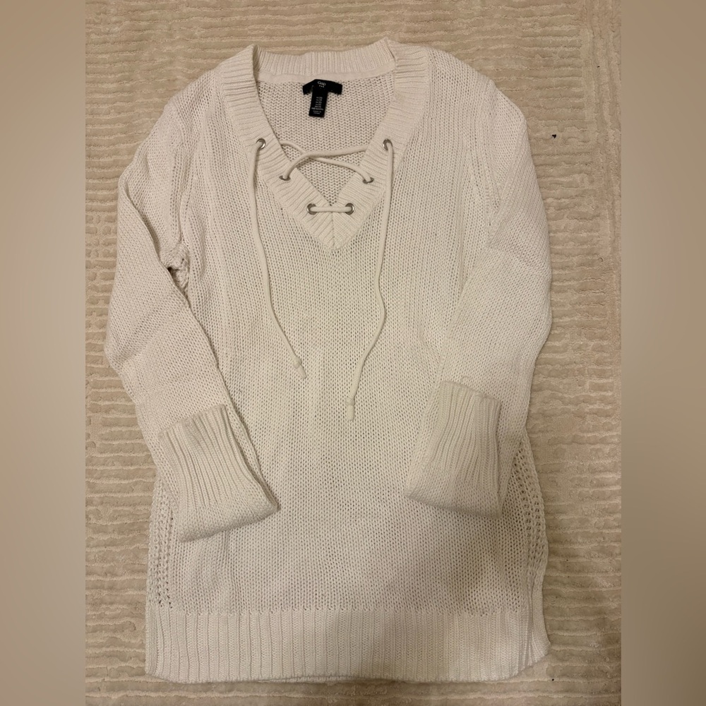 🤍 Cozy Chic! GAP Lace-Up V-Neck Tunic Sweater | Cream/White XS ❄️